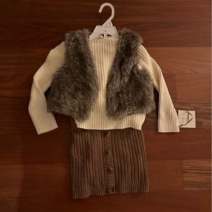 NWT 3 Piece Knit Shirt and Button Front Skirt and Fur Vest Matching Set